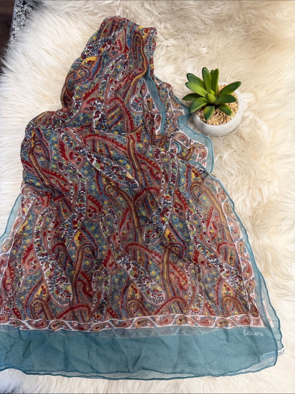 Vintage Echo Mid Century Silk Blend SCARF 44”x14” euc